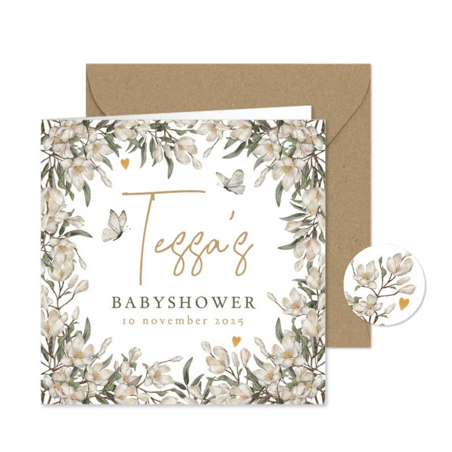 Botanische uitnodiging babyshower met bloemen en vlinders - Kaartimpressie