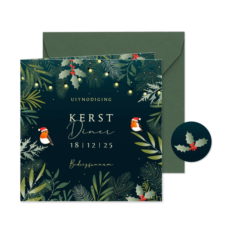 Botanische uitnodiging kerst met verplaatsbare roodborstjes - Kaartimpressie