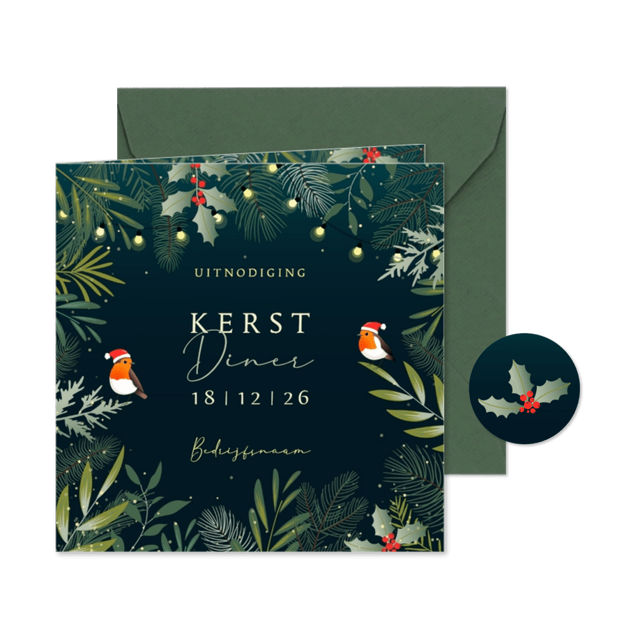 Botanische uitnodiging kerst met verplaatsbare roodborstjes - Kaartimpressie