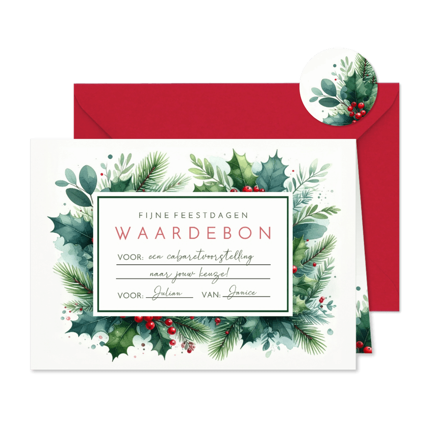 Botanische waardebon kerst cadeaukaart met takjes - Kaartimpressie
