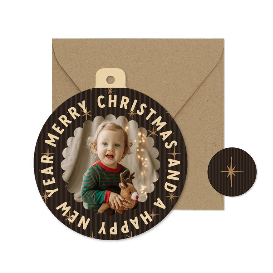 Bruine foto kerstbalkaart met streepjes, sterren - Kaartimpressie