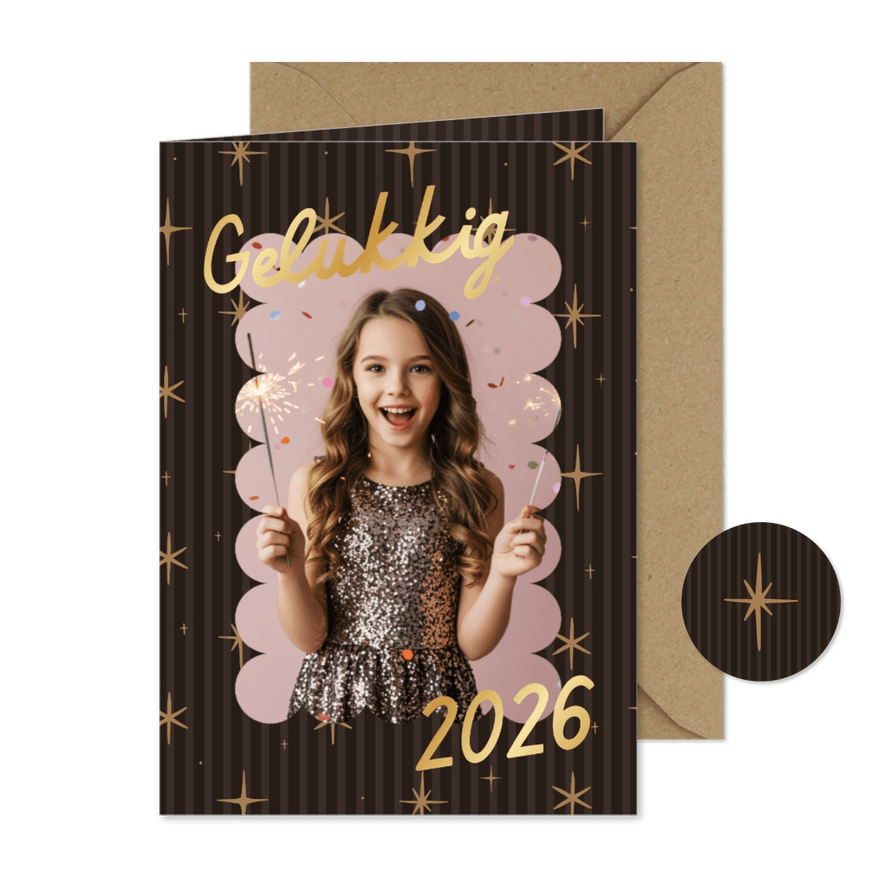 Bruine foto nieuwjaarskaart met sterren en goudfolie - Kaartimpressie