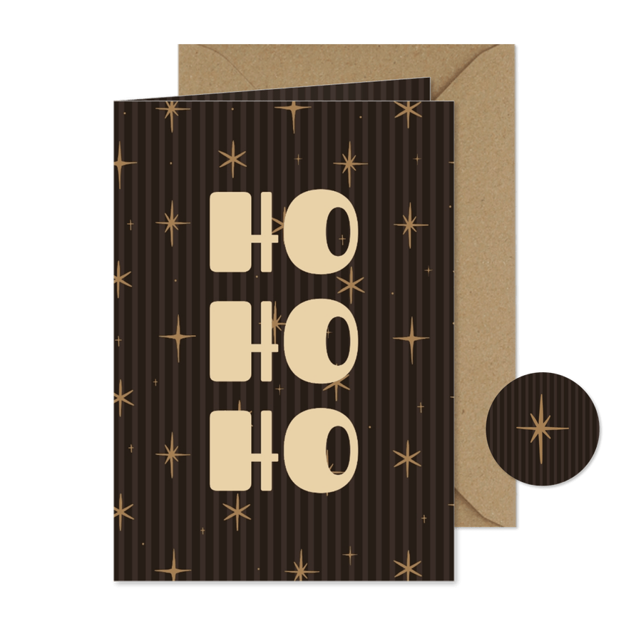 Bruine kerstkaart streepjes met sterren ho ho ho - Kaartimpressie