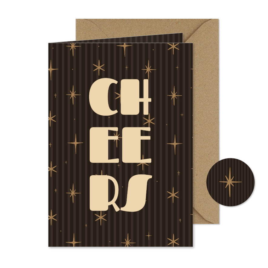 Bruine nieuwjaarskaart cheers streepjes met sterren - Kaartimpressie