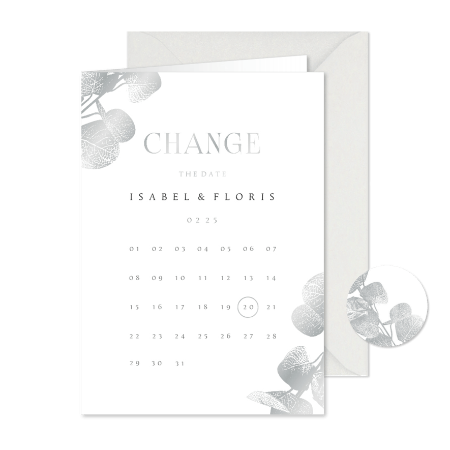 Change the date kaart kalender eucalyptustak in zilver - Kaartimpressie
