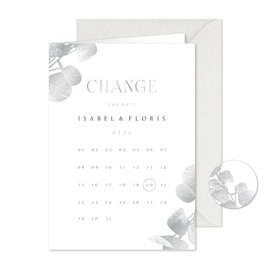 Change the date kaart kalender eucalyptustak in zilver - Kaartimpressie