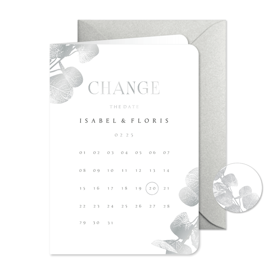 Change the date kaart kalender eucalyptustak in zilver - Kaartimpressie