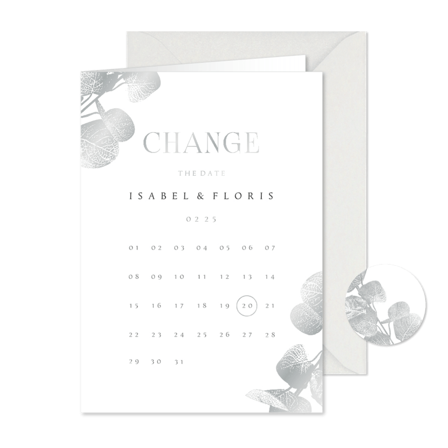 Change the date kaart kalender eucalyptustak in zilver - Kaartimpressie