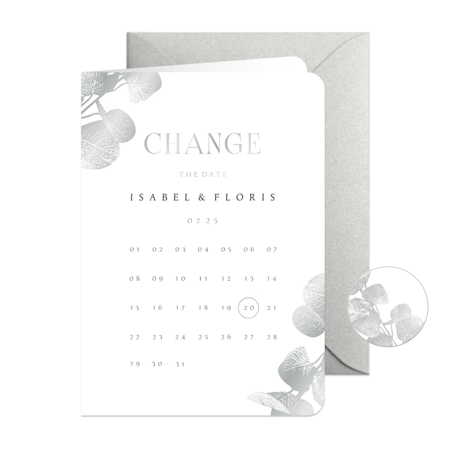 Change the date kaart kalender eucalyptustak in zilver - Kaartimpressie