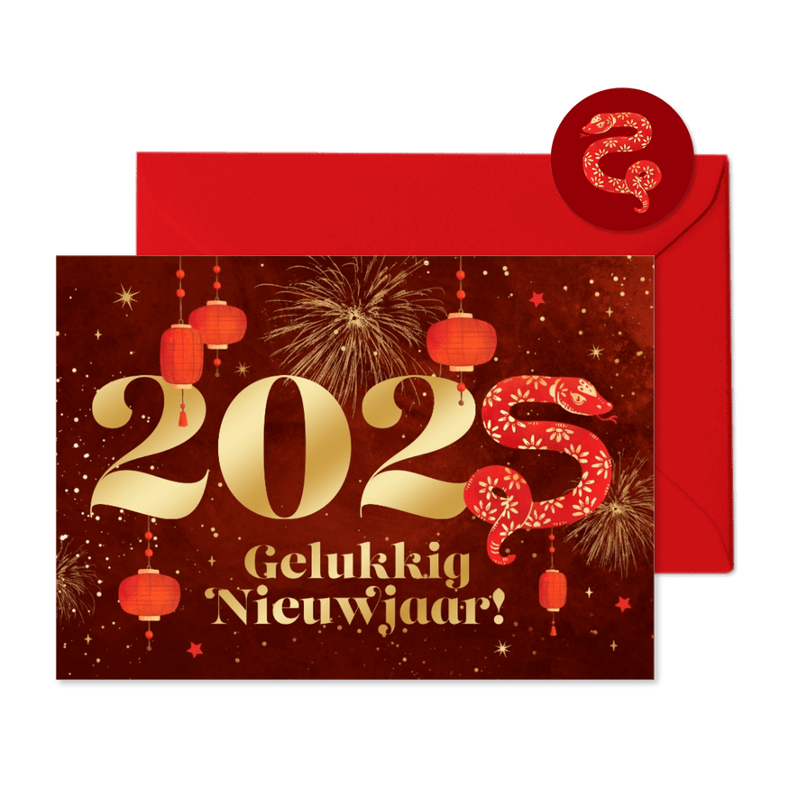 Chinees nieuwjaar 2025 jaar van de slang vuurwerk lampjes - Kaartimpressie