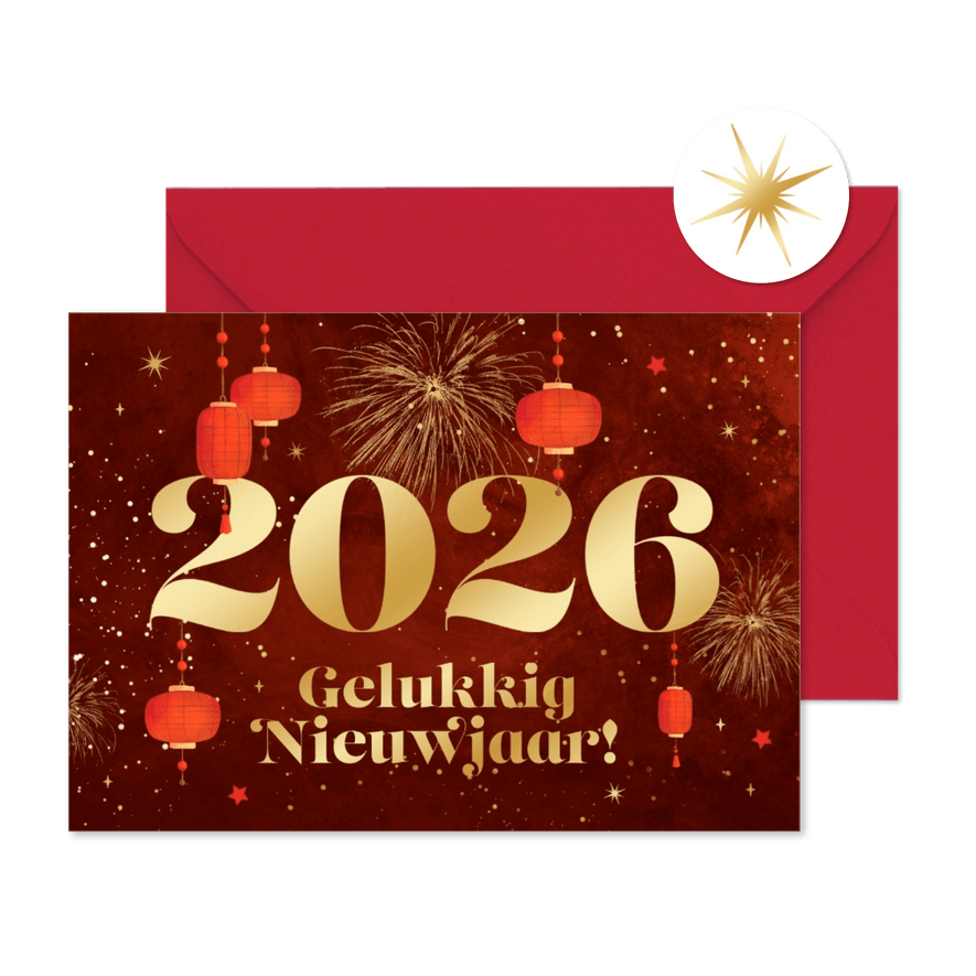 Chinees nieuwjaar 2026 jaar van de slang vuurwerk lampjes - Kaartimpressie