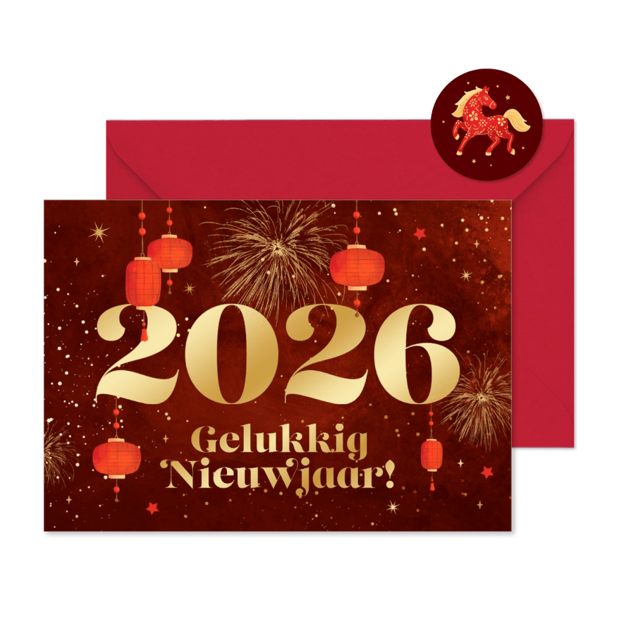 Chinees nieuwjaar 2026 jaar van het paard vuurwerk lampjes - Kaartimpressie
