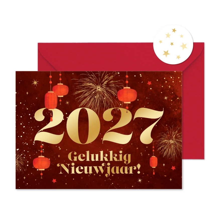 Chinees nieuwjaar 2027 jaar van het paard vuurwerk lampjes - Kaartimpressie