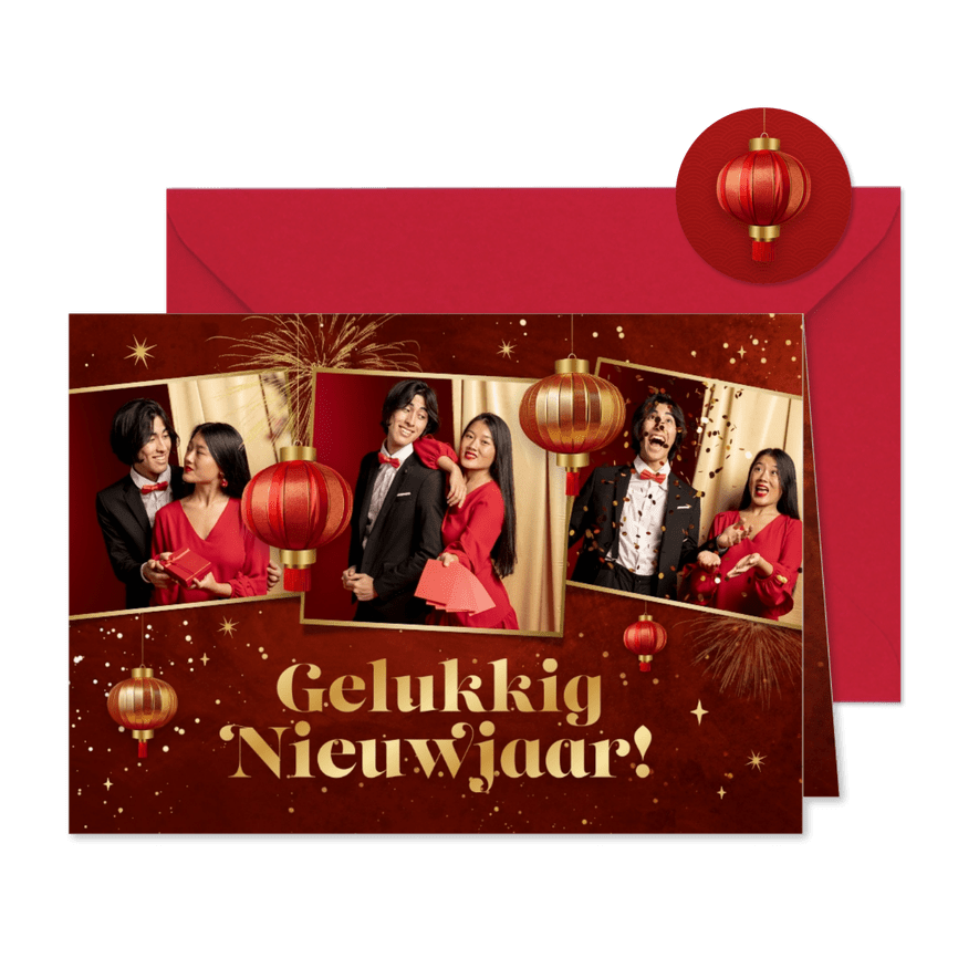 Chinese nieuwjaarskaart fotocollage lantaarns sterren - Kaartimpressie