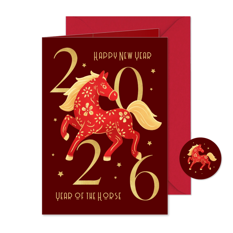 Chinese nieuwjaarskaart paard 2026 sterren goud - Kaartimpressie