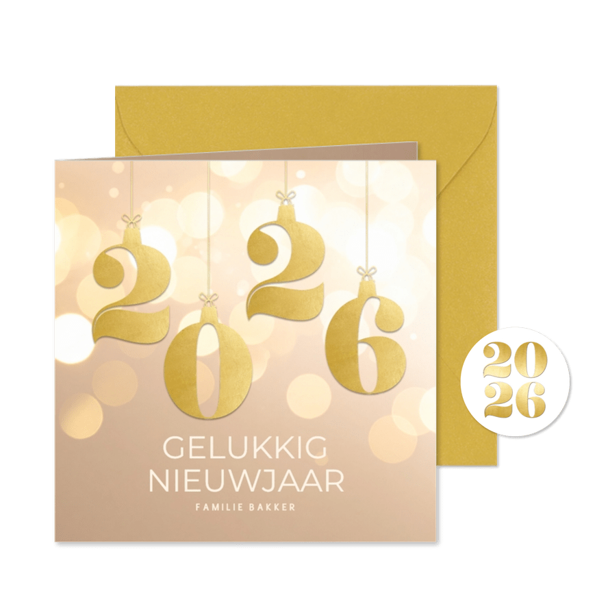 Chique beige nieuwjaarskaartje goud met bokeh - Kaartimpressie