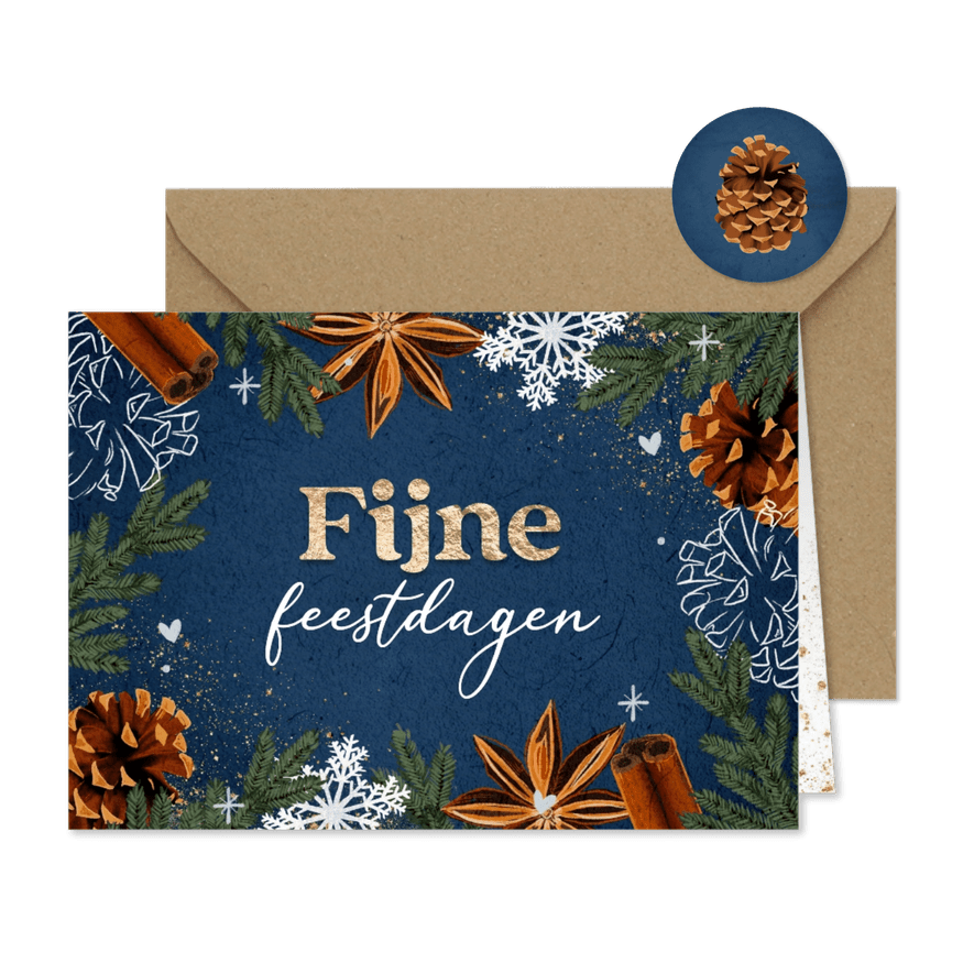 Chique kerstkaart donkerblauw met winterse illustraties - Kaartimpressie