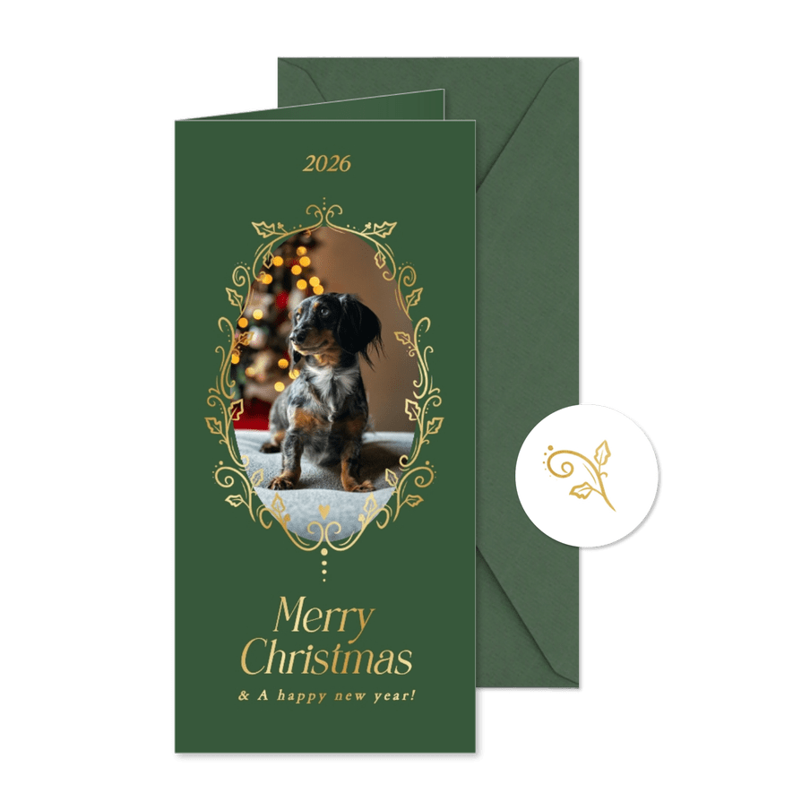 Chique kerstkaart met gouden fotokader van takjes - Kaartimpressie