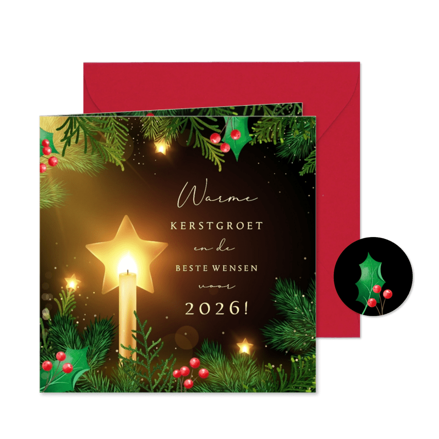Chique kerstkaart realistisch kerstgroen warm sterren licht - Kaartimpressie