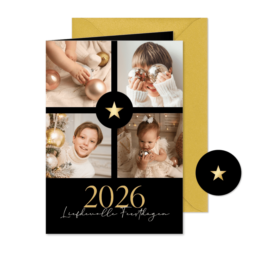 Chique zwarte fotocollage kerstkaart met gouden ster - Kaartimpressie