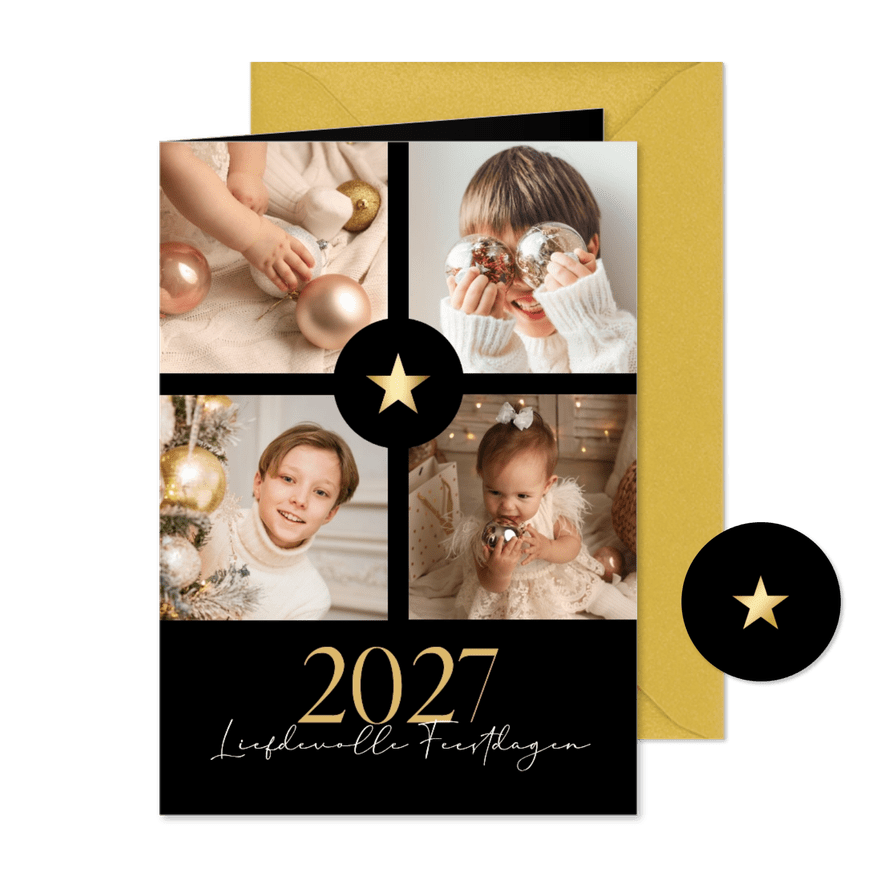 Chique zwarte fotocollage kerstkaart met gouden ster - Kaartimpressie