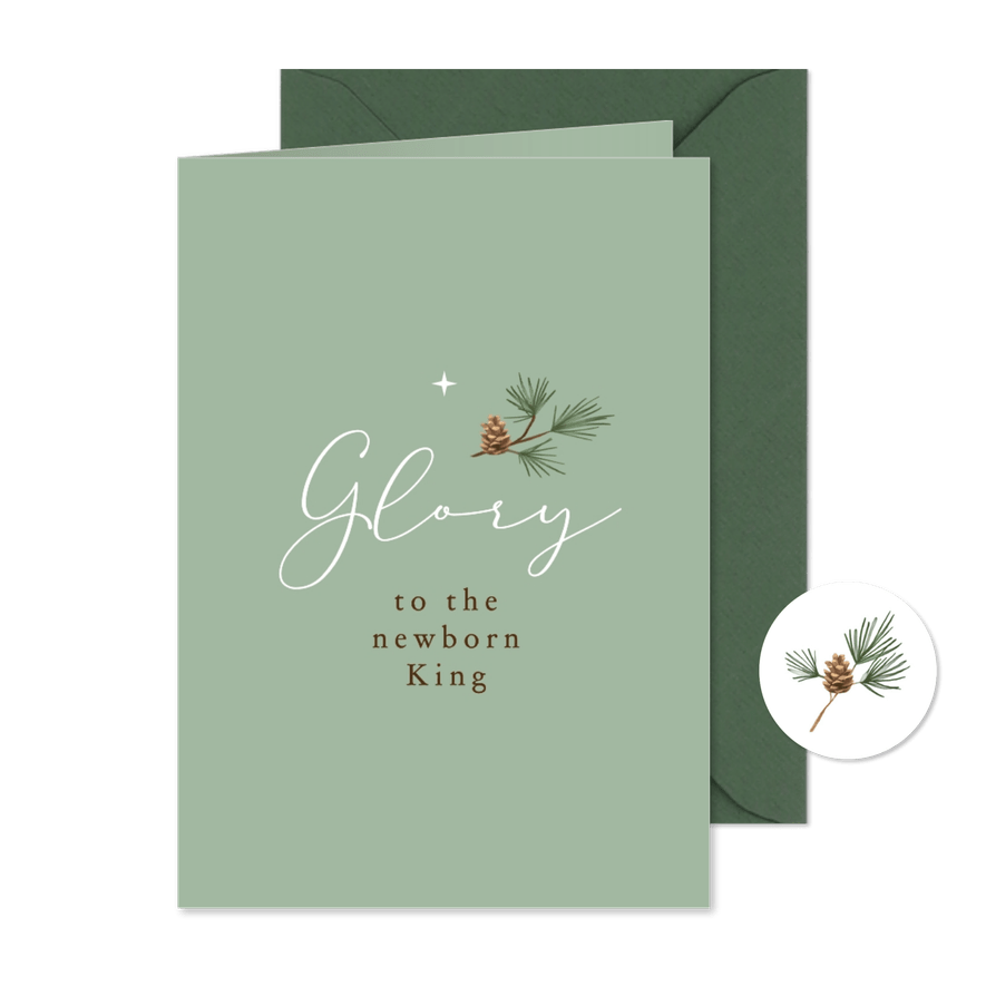 Chistelijke kerstkaart dennentakje glory to the king - Kaartimpressie