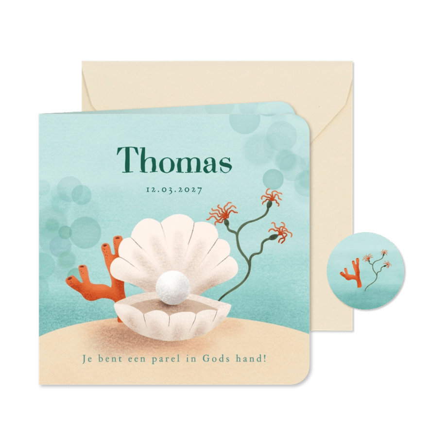 Christelijk geboortekaartje met parel in schelp - Kaartimpressie