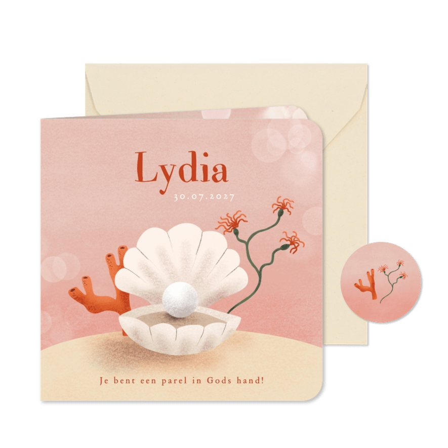 Christelijk roze geboortekaartje met parel in schelp - Kaartimpressie