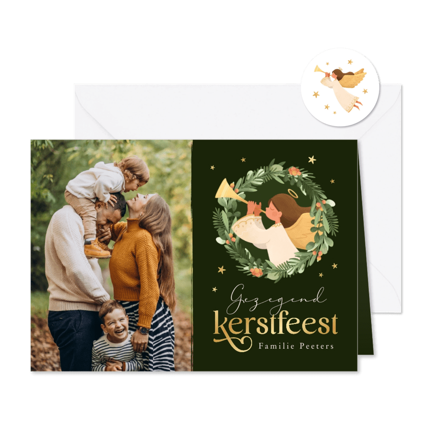 Christelijke foto- kerstkaart zalig kerstfeest engel krans - Kaartimpressie