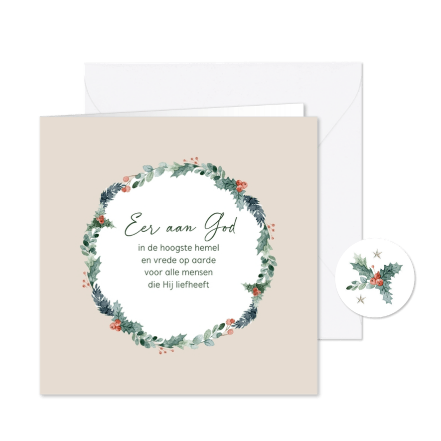 Christelijke kerstkaart beige krans  - Kaartimpressie