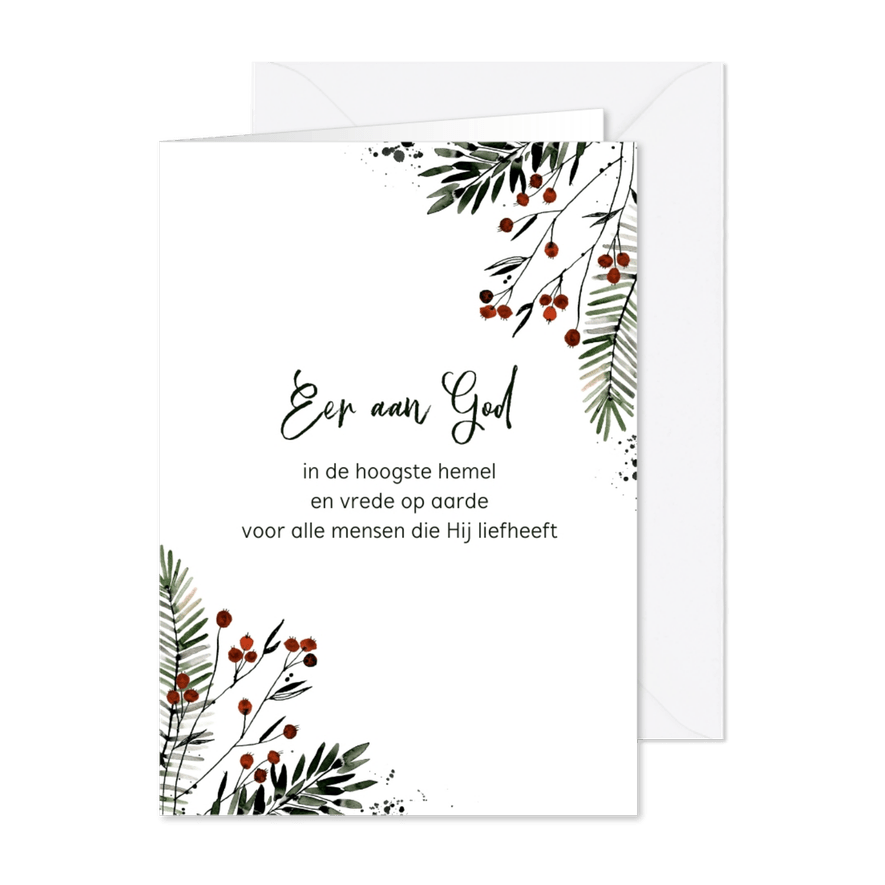 Christelijke kerstkaart bessentakjes - Kaartimpressie