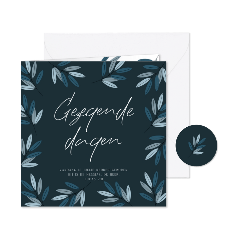 Christelijke kerstkaart blauw bladeren gezegende dagen - Kaartimpressie