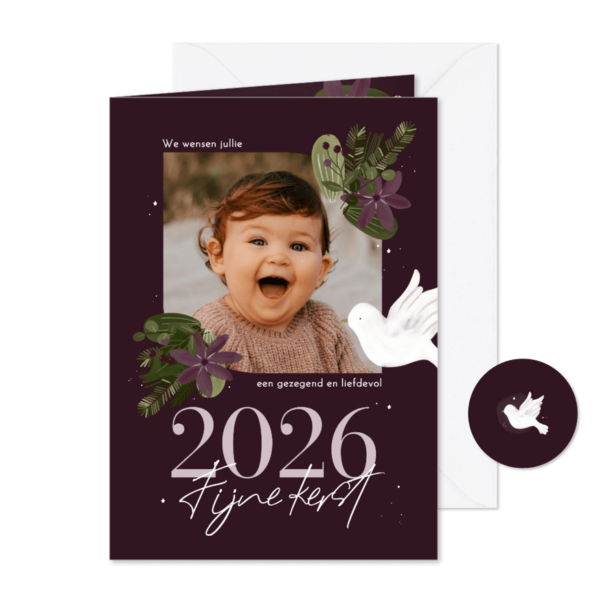 Christelijke kerstkaart botanisch foto jaartal - Kaartimpressie