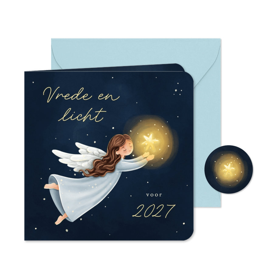 Christelijke kerstkaart engel met ster vrede & licht - Kaartimpressie