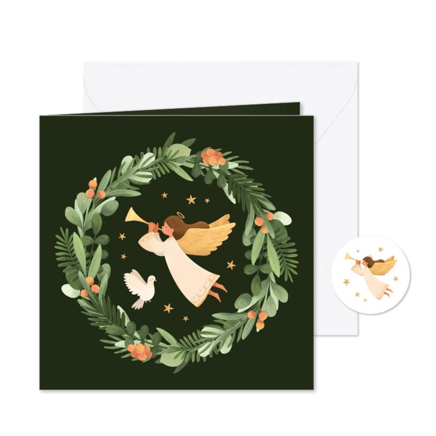 Christelijke kerstkaart engel witte duif krans illustratie - Kaartimpressie