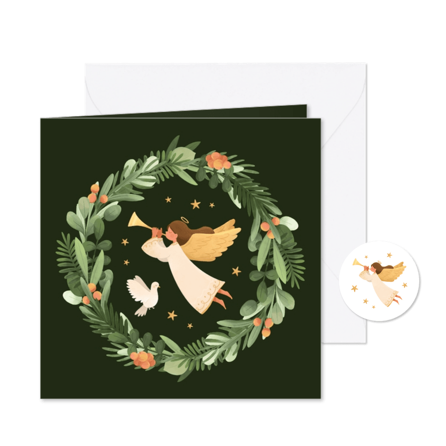 Christelijke kerstkaart engel witte duif krans illustratie - Kaartimpressie
