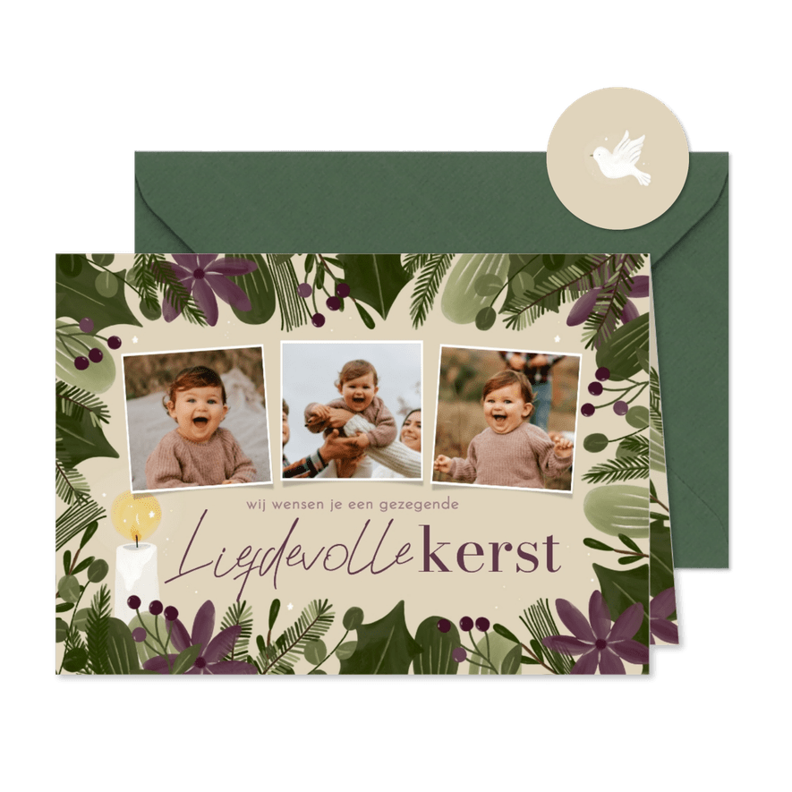 Christelijke kerstkaart fotocollage botanisch kaars - Kaartimpressie