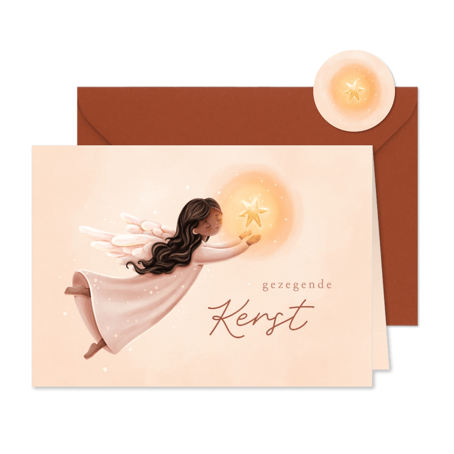 Christelijke kerstkaart gezegende kerst engel met ster - Kaartimpressie
