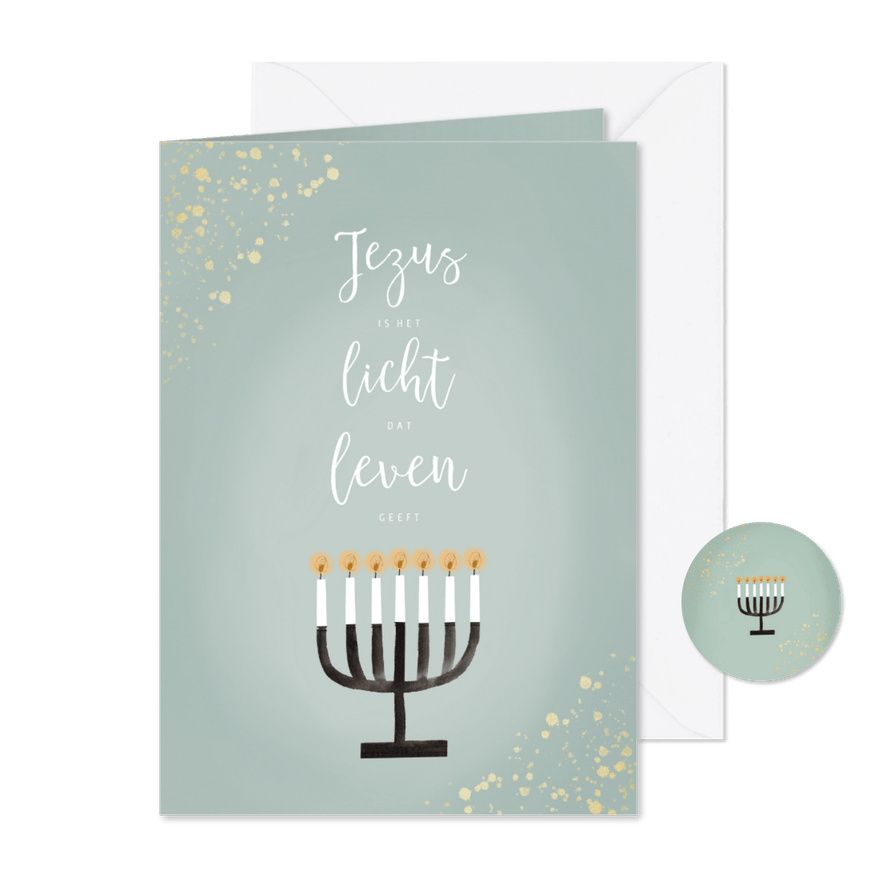 Christelijke kerstkaart Jezus Licht Leven Menorah en goud - Kaartimpressie