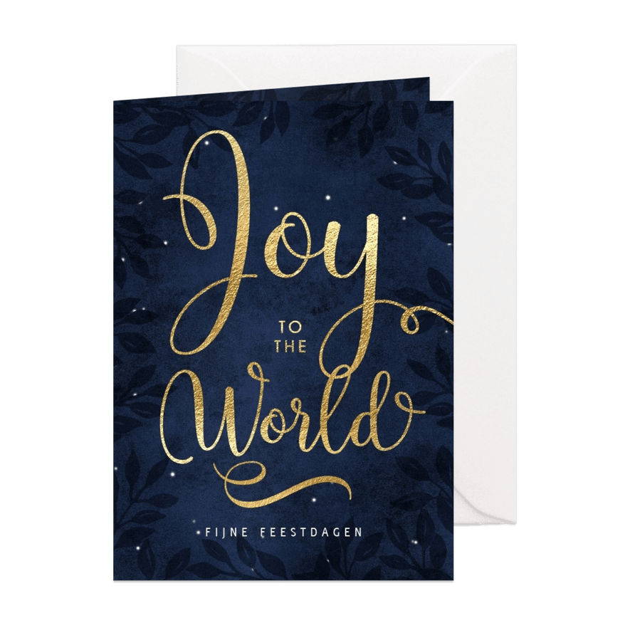 Christelijke kerstkaart Joy to the world goud donker blauw - Kaartimpressie