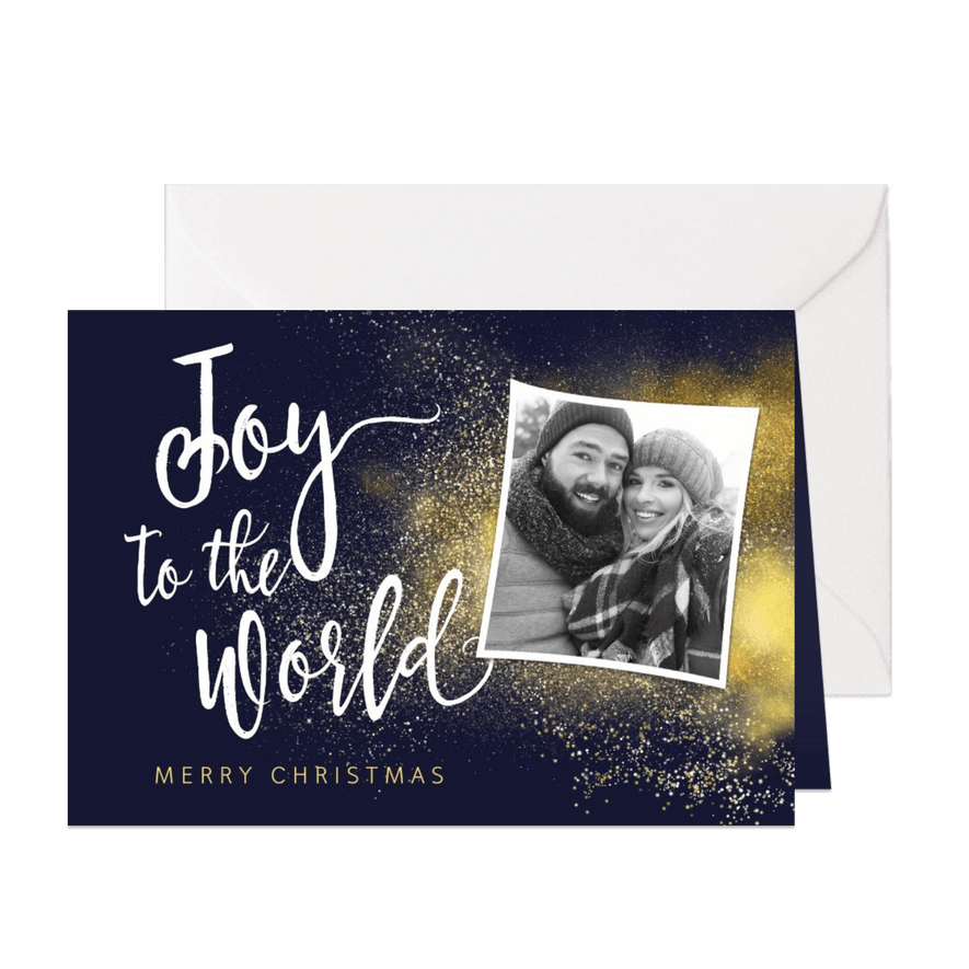 Christelijke kerstkaart Joy to the World met foto - Kaartimpressie