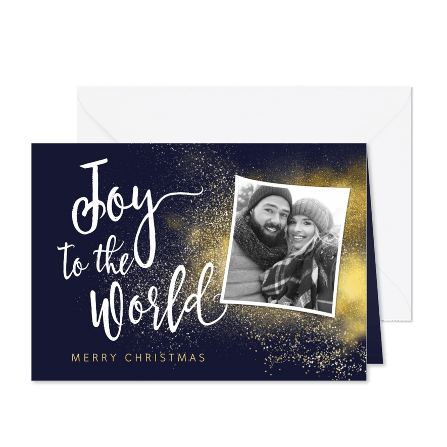 Christelijke kerstkaart Joy to the World met foto - Kaartimpressie
