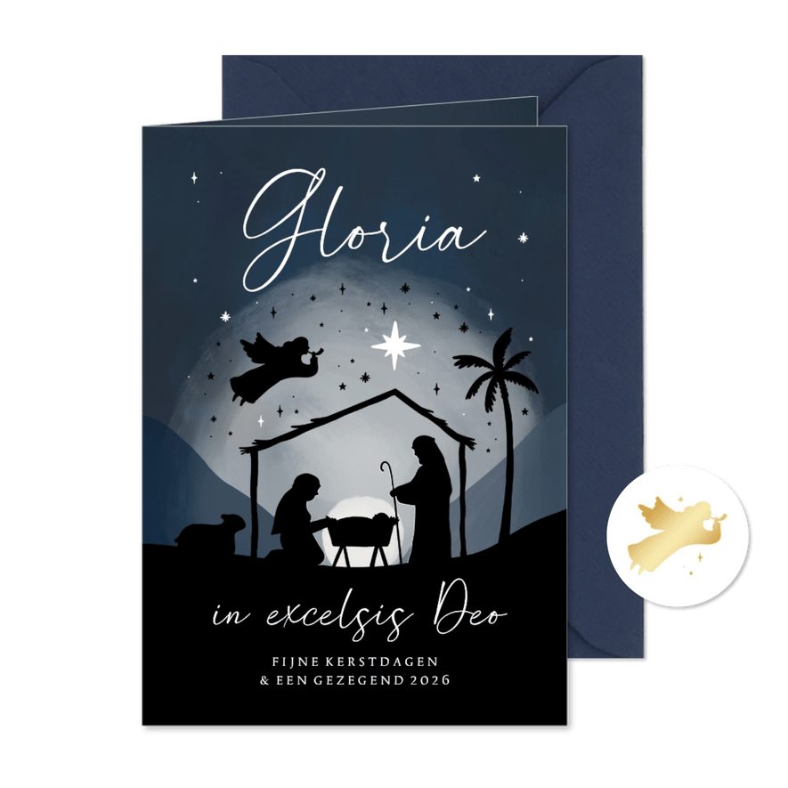 Christelijke kerstkaart kerststal silhouet engel sterren - Kaartimpressie