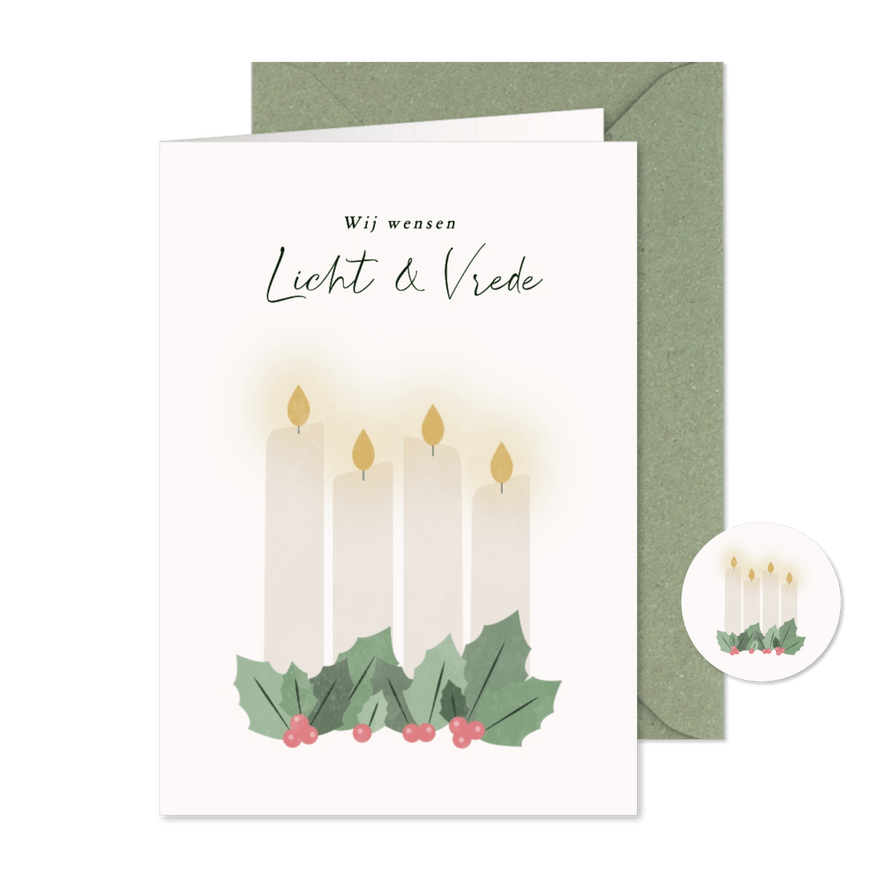 Christelijke kerstkaart met advent kaarsen licht & vrede - Kaartimpressie