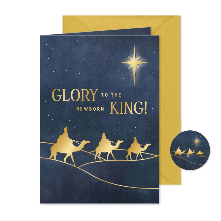 Christelijke kerstkaart met drie wijzen en ster in foliedruk - Kaartimpressie