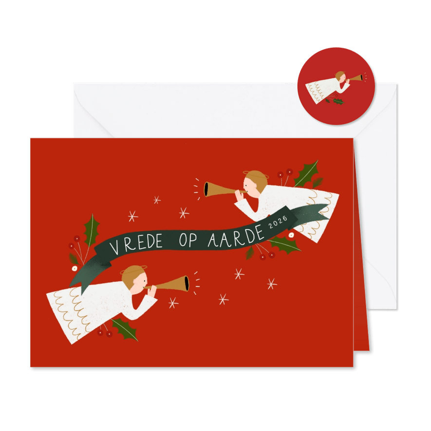 Christelijke kerstkaart met engeltjes en banner 2026 - Kaartimpressie