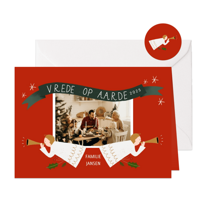 Christelijke kerstkaart met foto en engel illustraties - Kaartimpressie