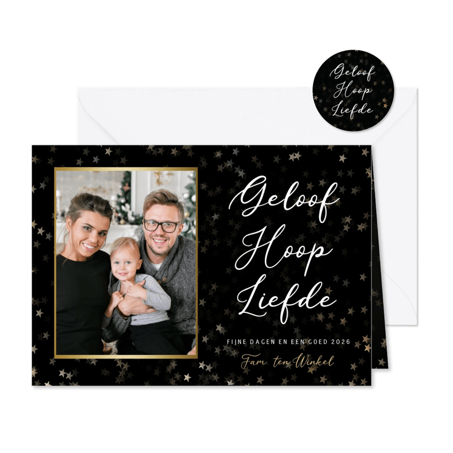 Christelijke kerstkaart met foto - Geloof hoop en liefde - Kaartimpressie