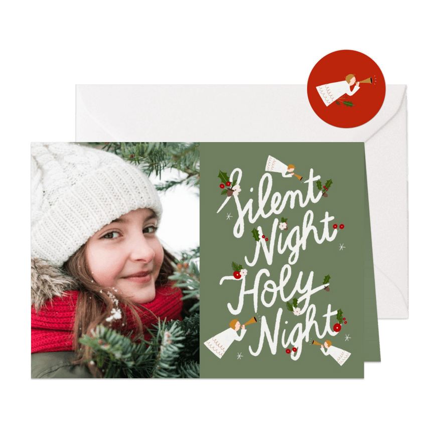 Christelijke kerstkaart met grote foto en illustratie - Kaartimpressie