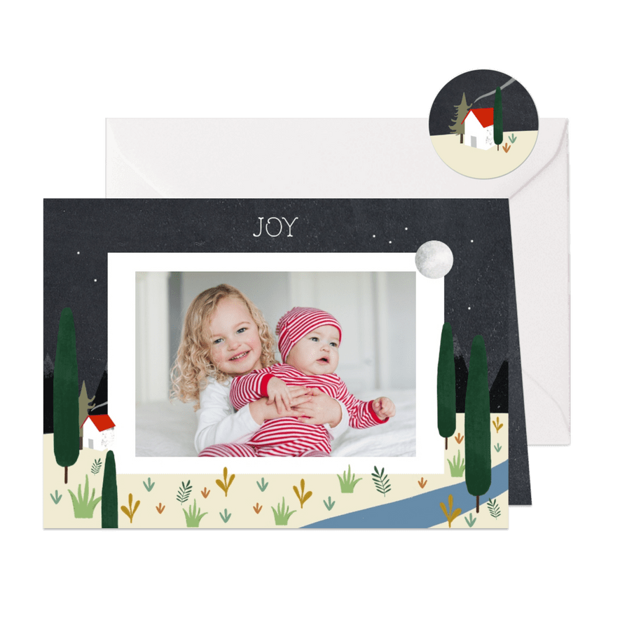 Christelijke kerstkaart met illustratie en foto - Kaartimpressie